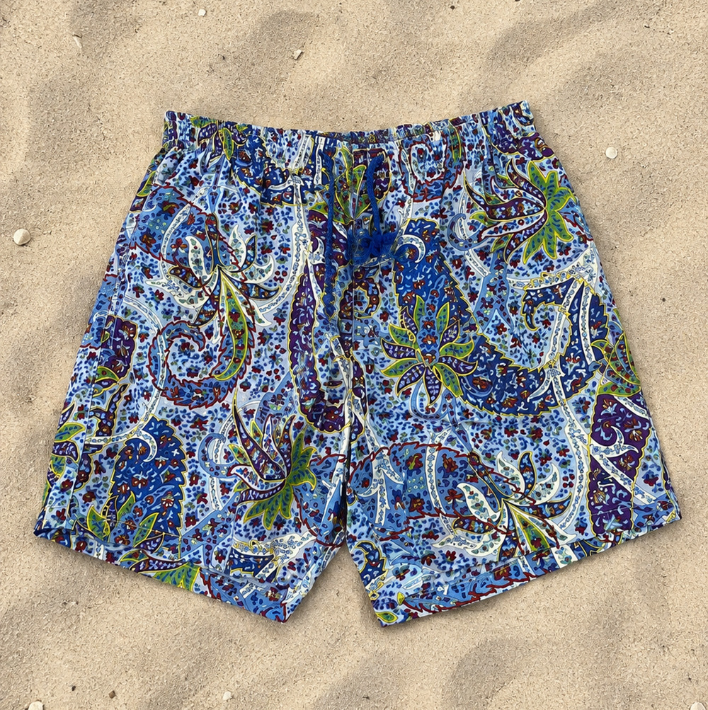 ETRO Milano Swim Trunks Mens 2XL Blue Paisley Lined Drawstring Made In Italy